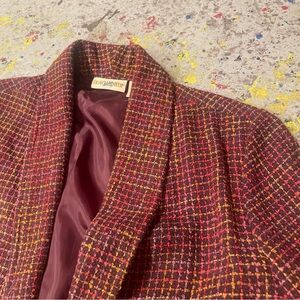 Vintage 90s Tweed Blazer Burgundy Plaid Academic Jacket Small